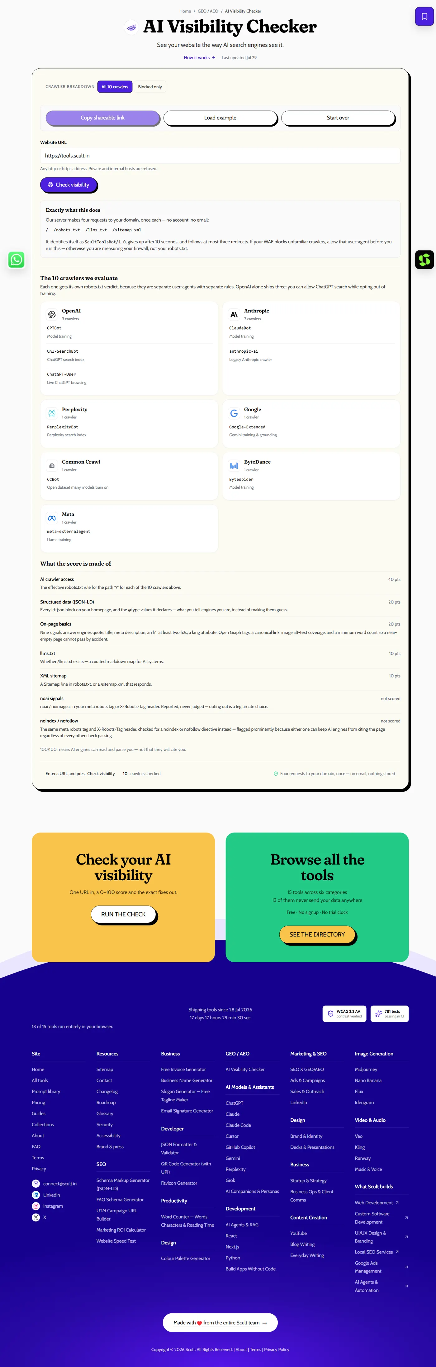 AI Visibility Checker's full page: the website URL input, the 10 AI crawlers it evaluates grouped by OpenAI, Anthropic, Perplexity, Google, Common Crawl, ByteDance and Meta, and a breakdown of what the 100-point score is made of