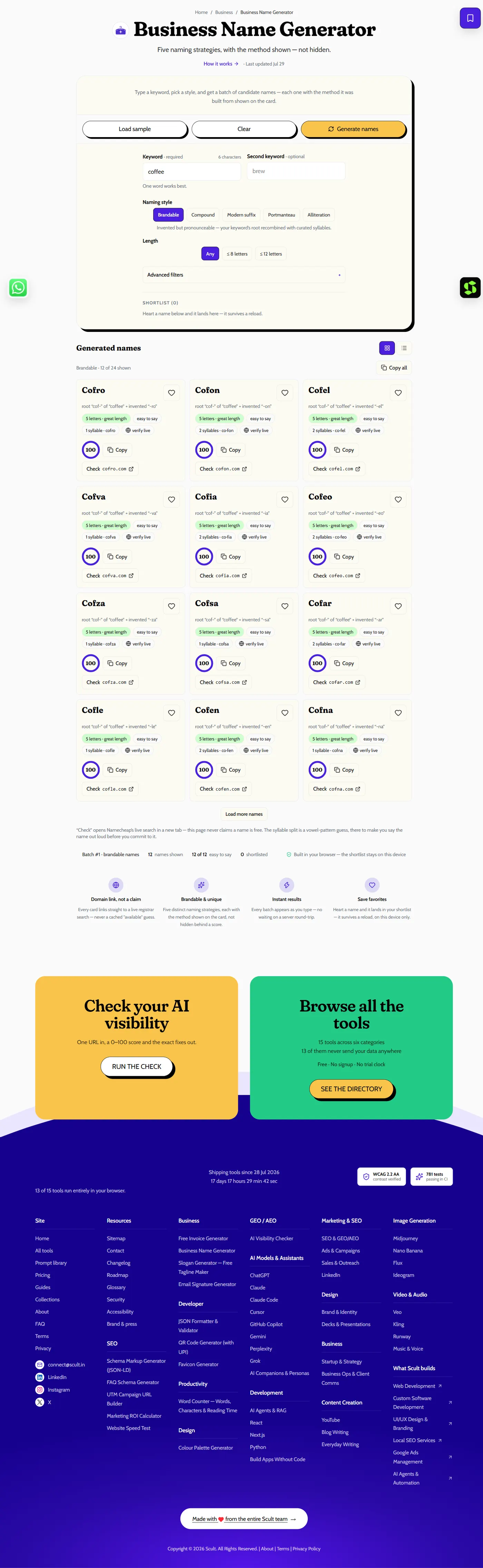 Business Name Generator showing a keyword field, naming style options like Brandable and Portmanteau, and a length filter