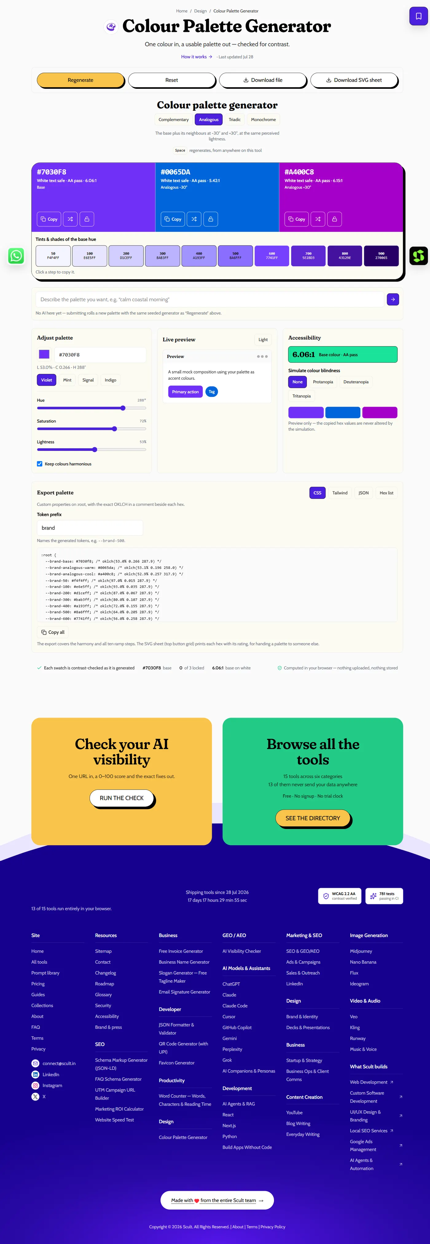 Colour Palette Generator showing complementary, analogous, triadic and monochrome options, a three-colour palette with WCAG contrast ratios, and a tint/shade scale below it