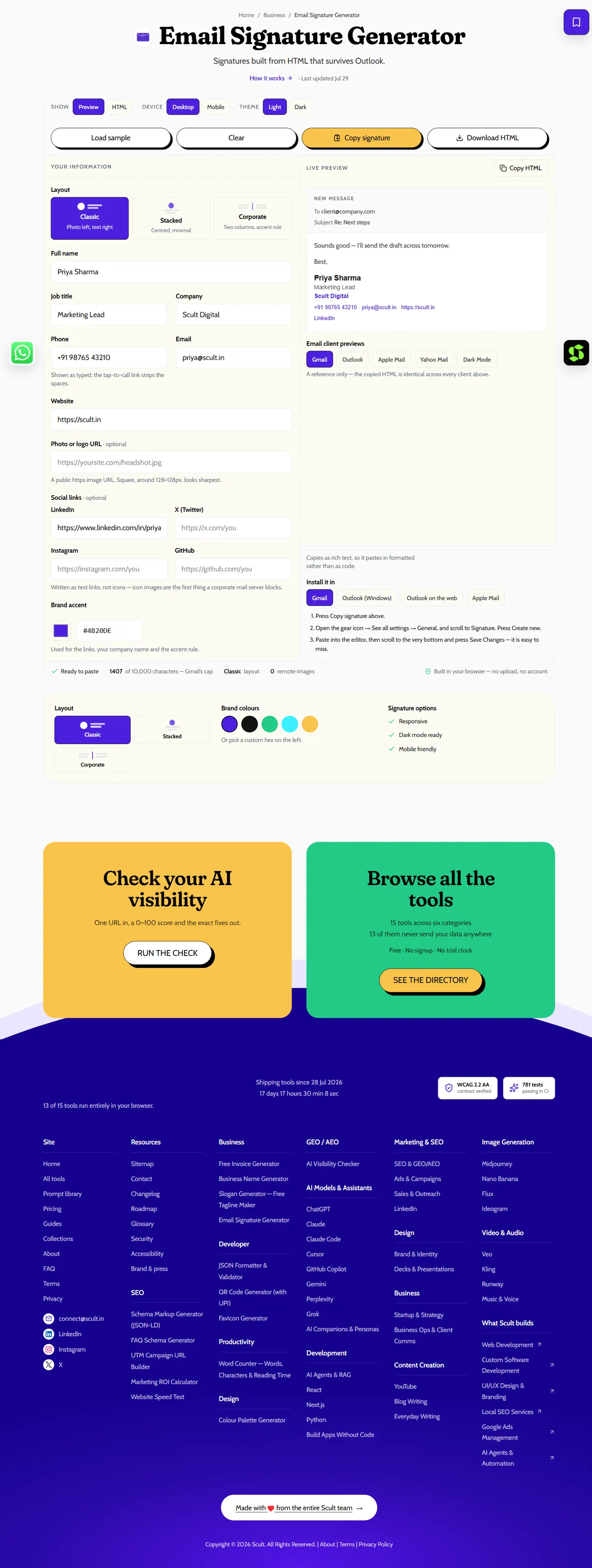 Email Signature Generator showing a layout picker and detail fields on the left and a live preview inside a mock email, with Gmail, Outlook, Apple Mail and dark-mode tabs, on the right