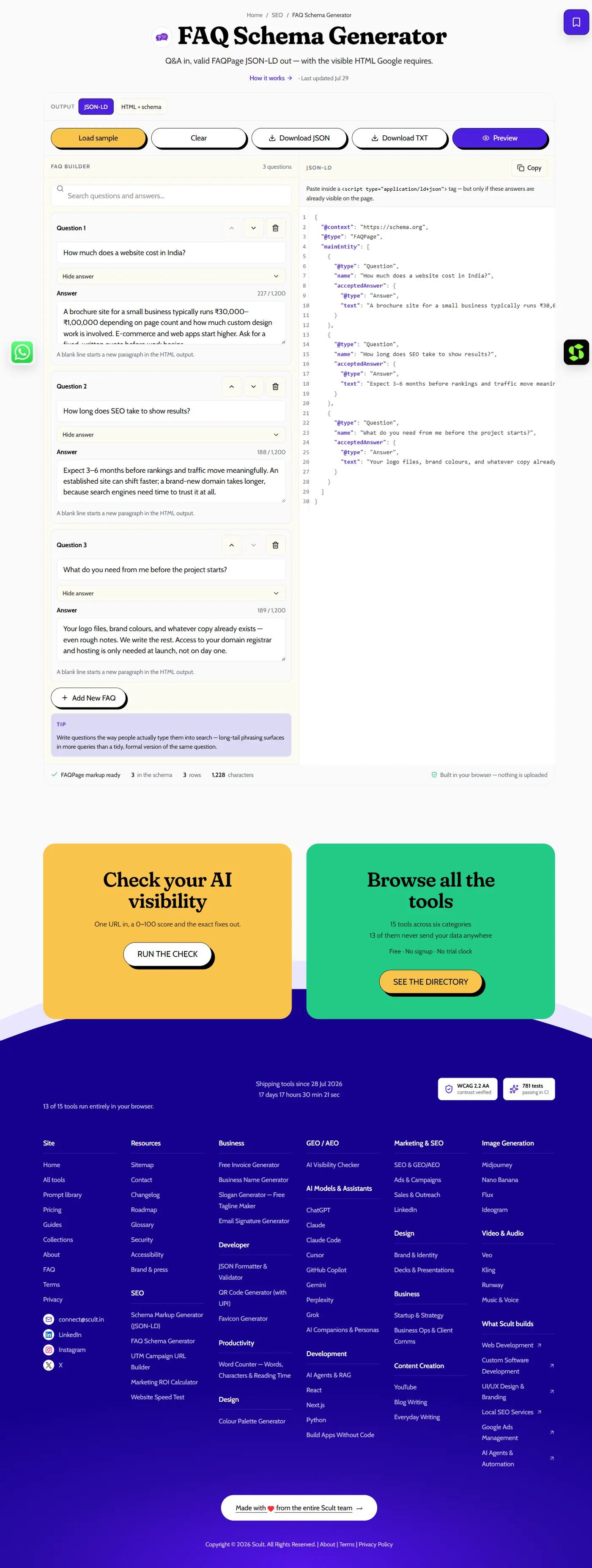 FAQ Schema Generator showing a Q&A builder on the left and the generated FAQPage JSON-LD on the right