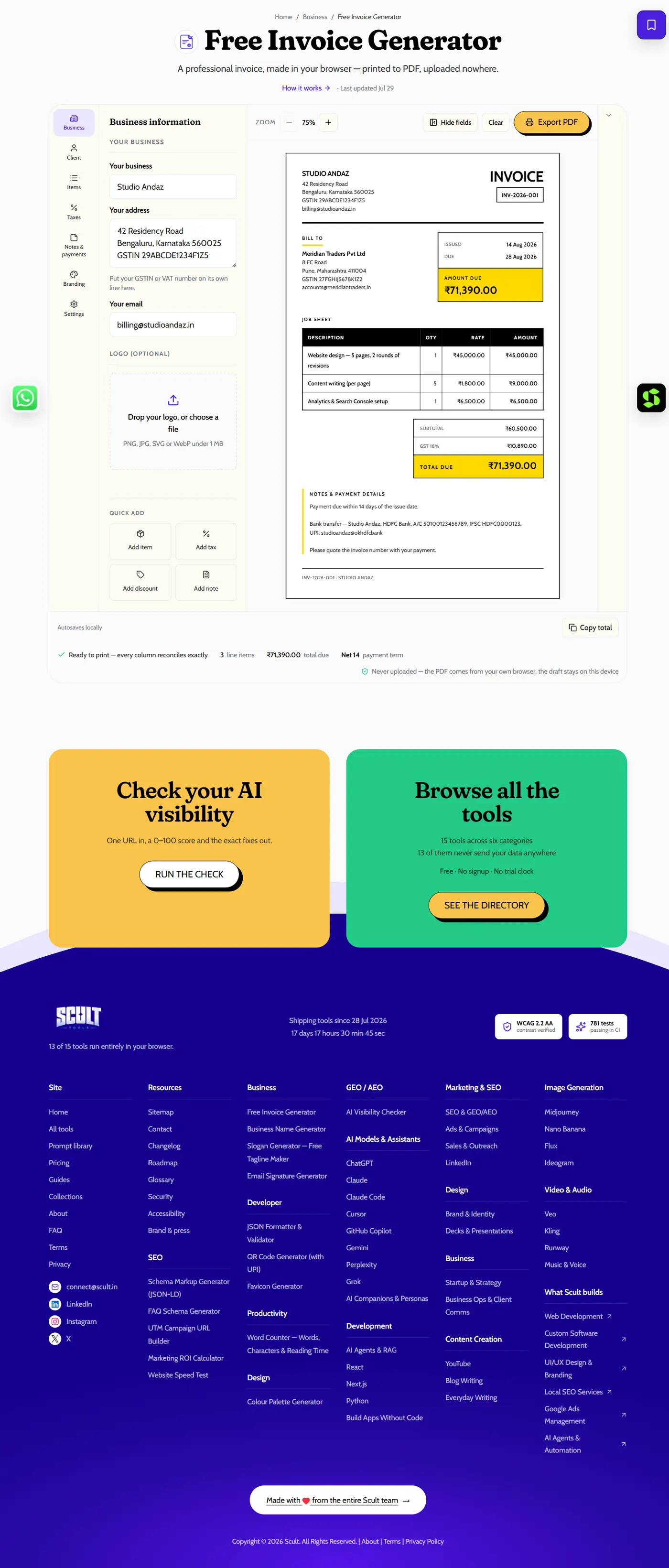 Invoice Generator showing business and client detail fields on the left and a formatted invoice with GSTIN, job sheet, and amount due on the right