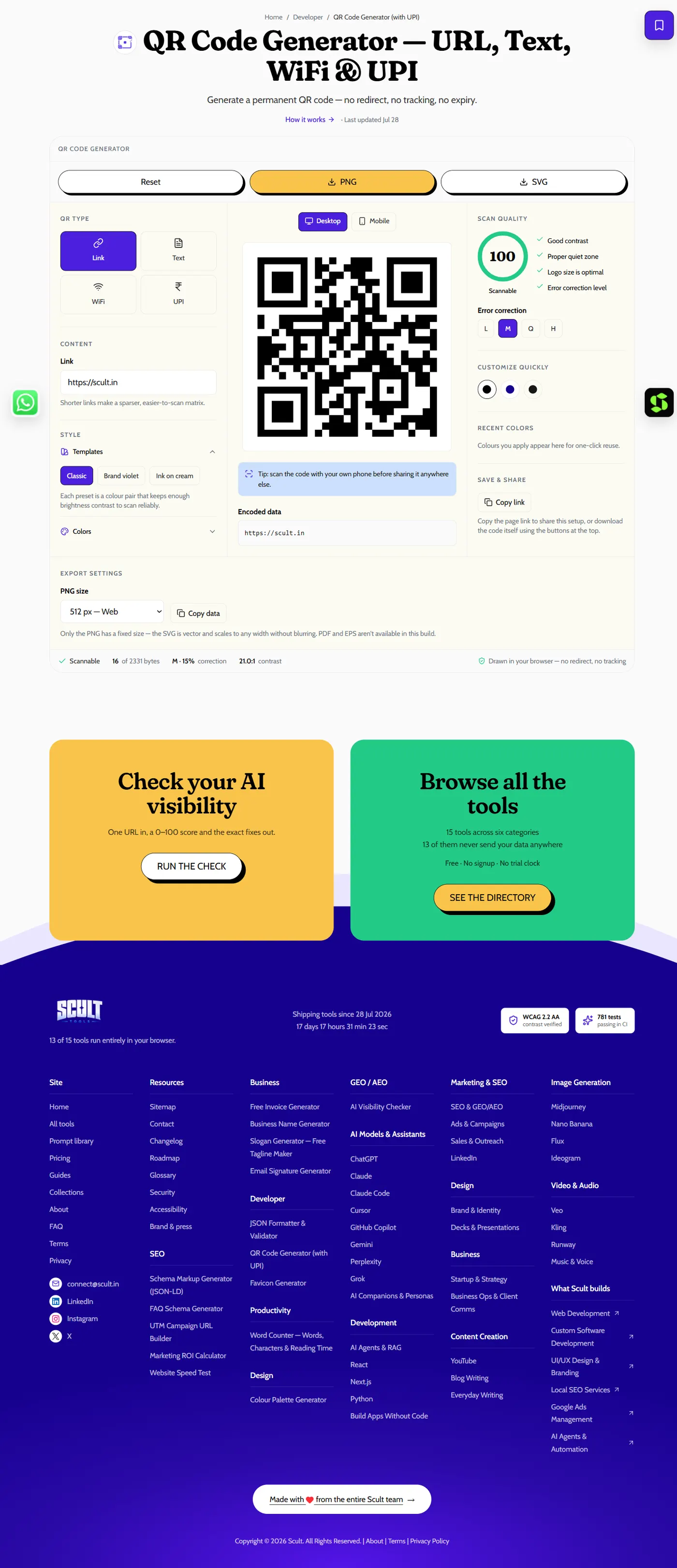 QR Code Generator showing Link, Text, WiFi and UPI type options, the generated QR code, and a scan-quality score of 100