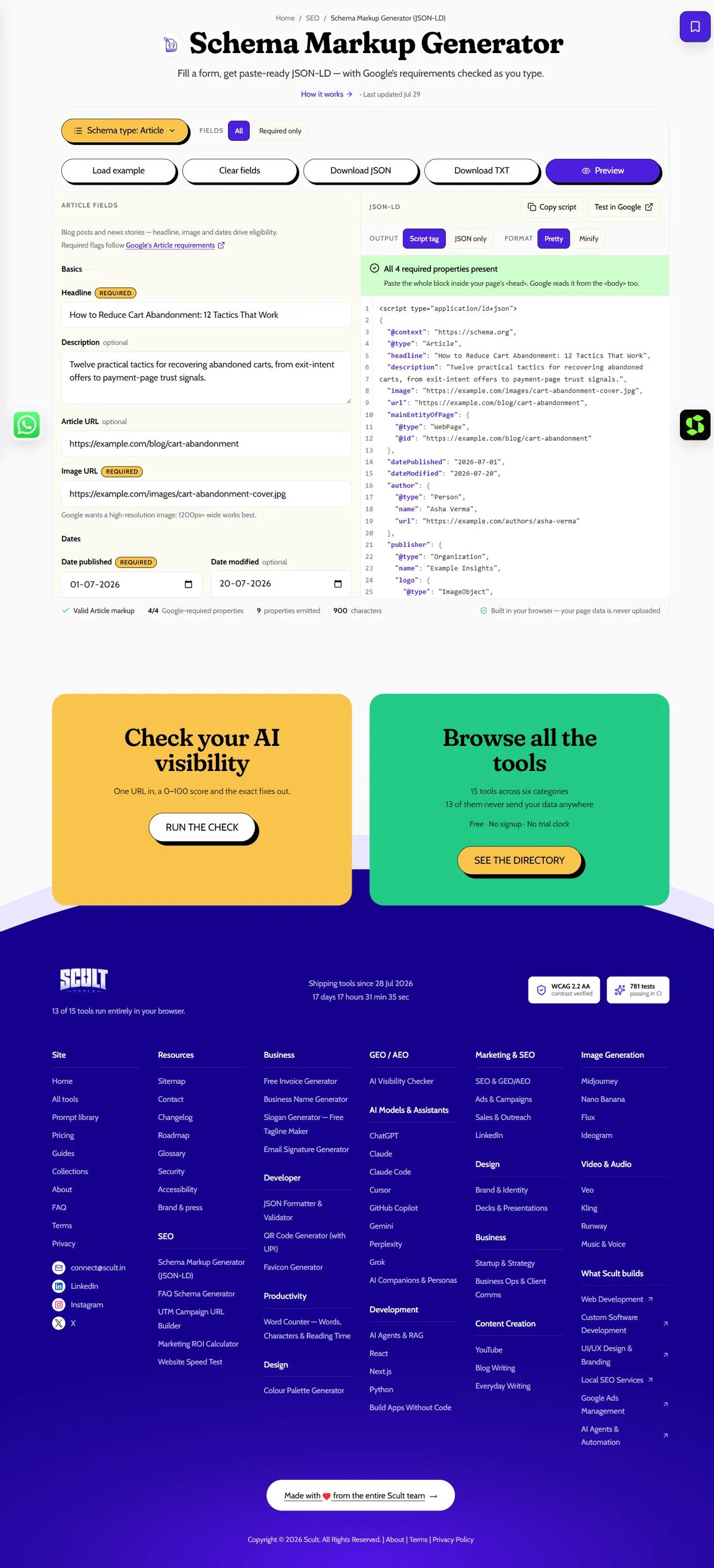 Schema Markup Generator showing an Article schema form on the left and the generated JSON-LD, with a green "all 4 required properties present" check, on the right