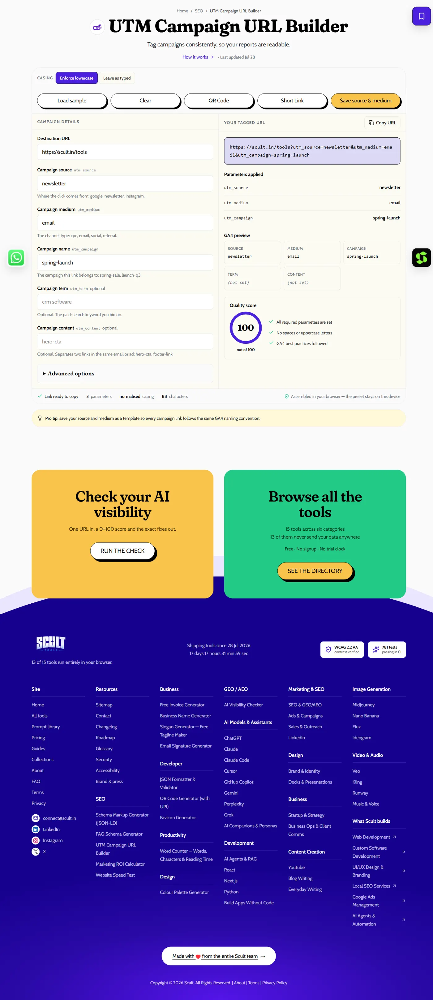UTM Campaign URL Builder showing source, medium and campaign fields on the left and the tagged URL with a GA4 preview on the right