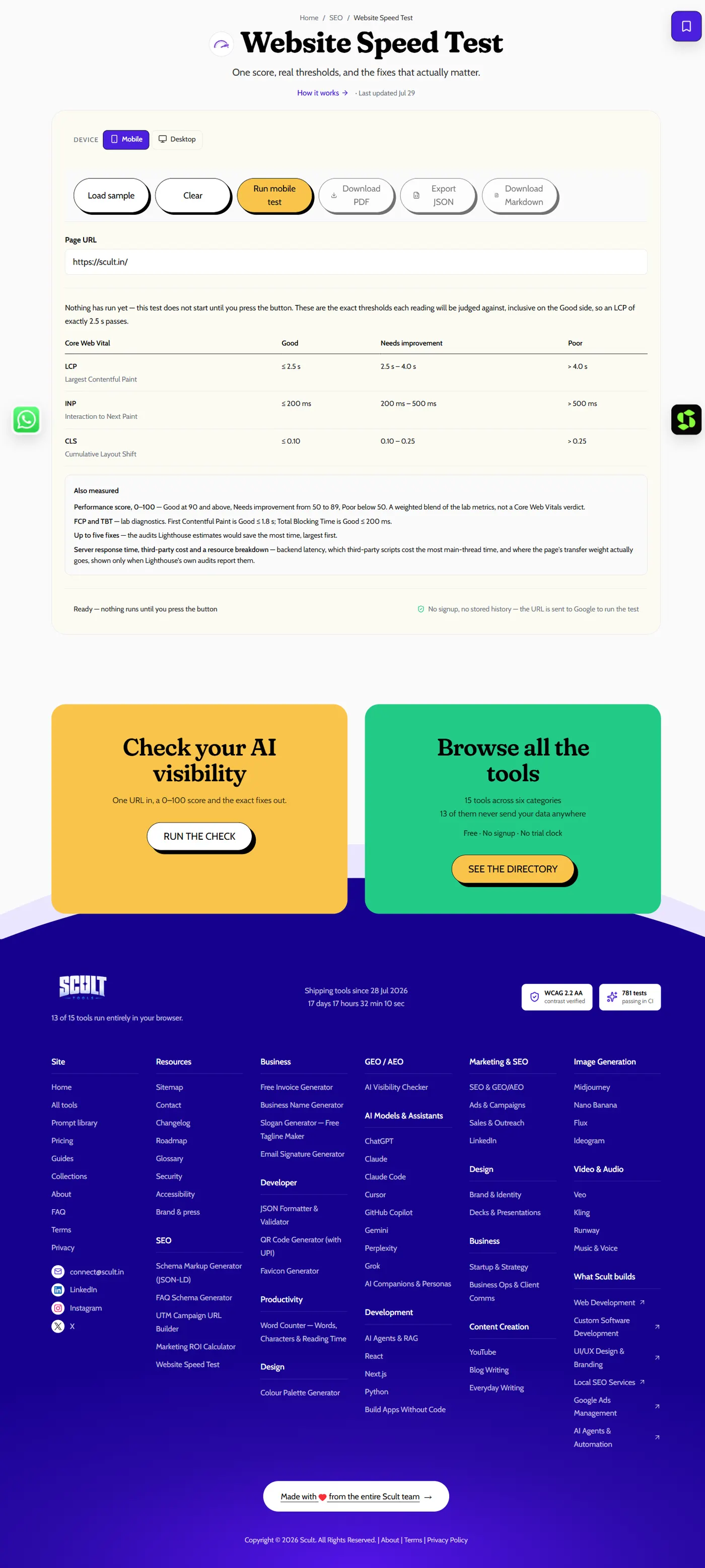 Website Speed Test showing the mobile/desktop toggle and a table of Core Web Vital thresholds — LCP, INP, CLS — before a test has been run