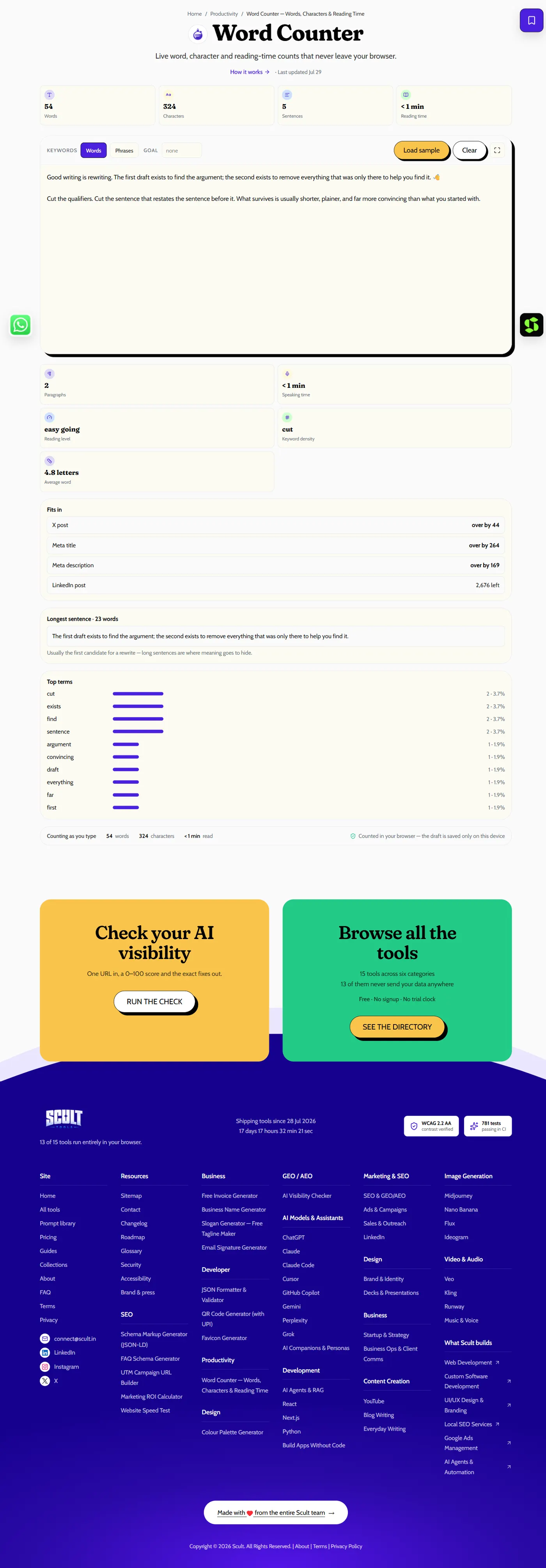 Word Counter showing live word, character, sentence and reading-time counts above a text box